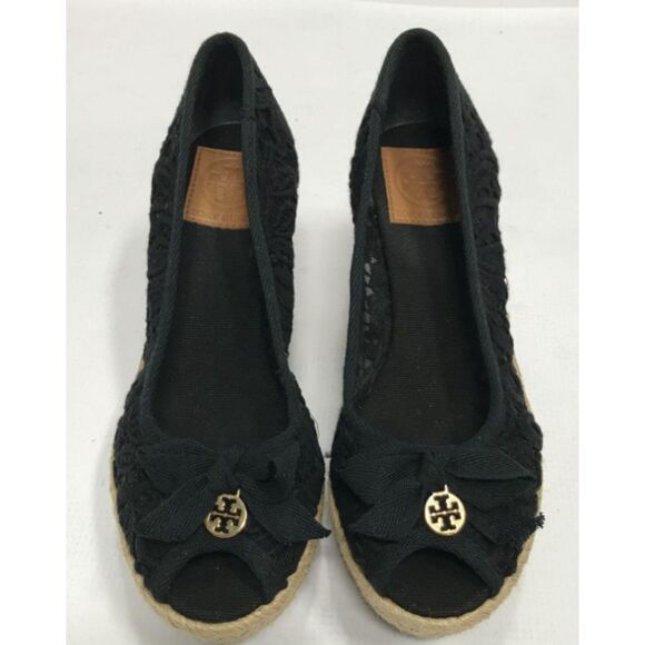 Like New Tory Burch Black Embroidered Platform Wedge Espadrilles Size 7.5B - Picture 1 of 6
